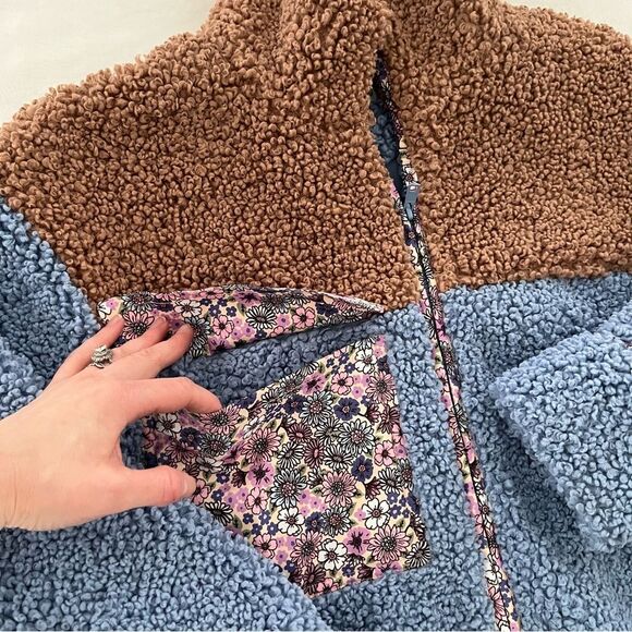 For Love And Lemons Color Block Sherpa Fleece Jacket Brown/Blue, Size XS NWOT - Picture 11 of 14